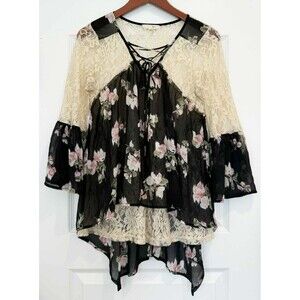 RYU Vintage Y2K Women's Sheer Lace Trim Fairy Grunge Coquette Shirt Top sz. S